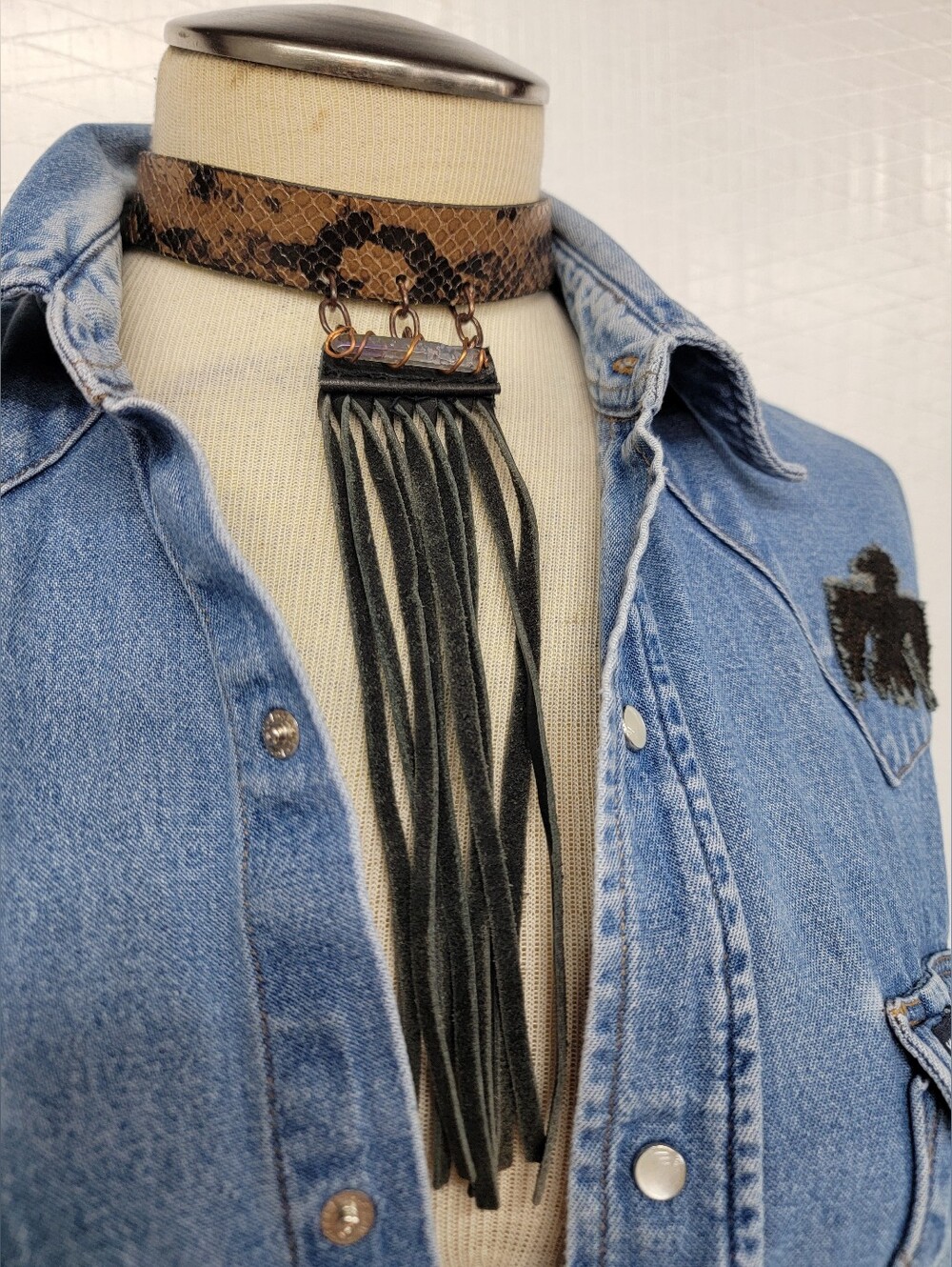 Snake-Print Choker Necklace / Crystal & Leather Fringe - Artisian Made